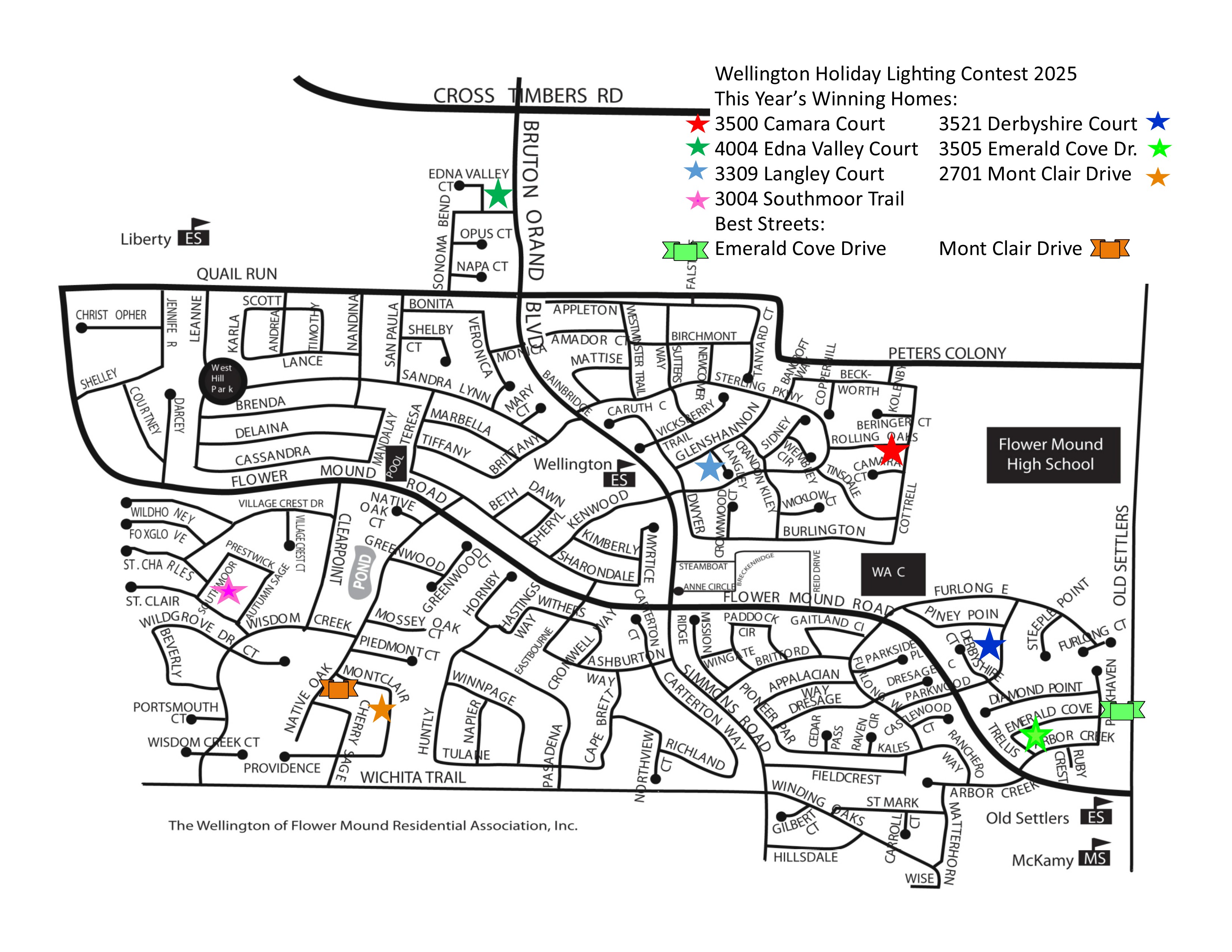 Map of Wellington with holiday light winners identified